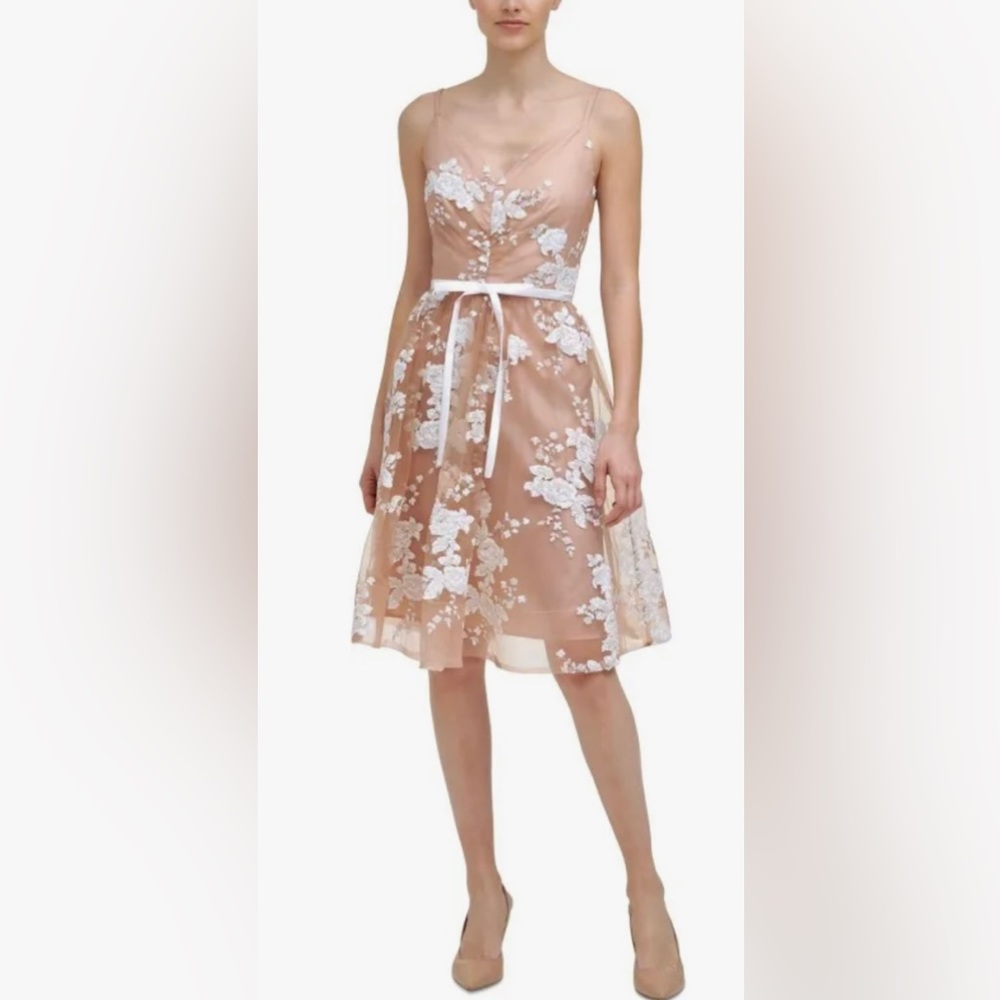 Calvin Klein Womens Beige Spaghetti Strap Knee Length Fit + Flare